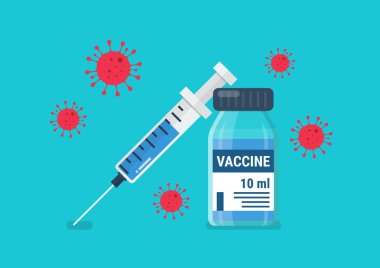 Tıbbi ampul aşısı ve şırınga Coronavirus 'a karşı savaşıyor. Covid-19 Coronavirus konsepti. Vektör illüstrasyonu