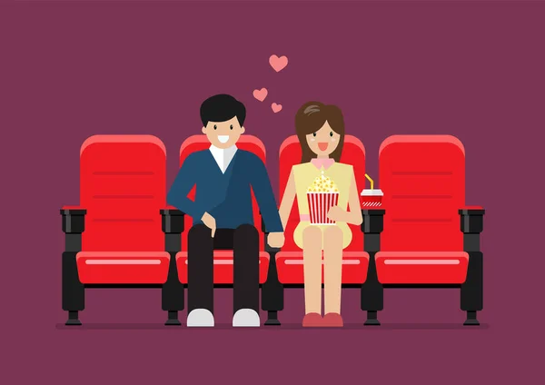 カップルはポップコーンと赤い映画館の椅子に座って映画館で飲む ベクターイラスト — ストックベクタ