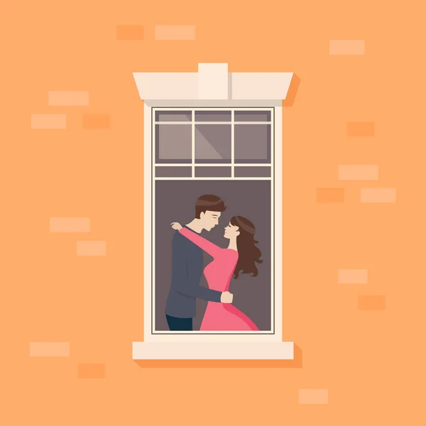 カップルとアパートの窓がキスをしている ベクターイラスト — ストックベクタ