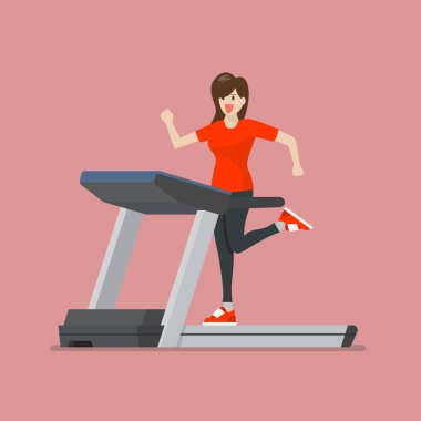 Koşu bandında koşan bir kadın. Vektör illüstrasyonu