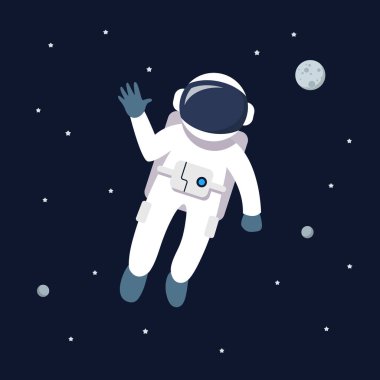 Astronot adam uzayda yüzüyor. Galaksinin arka planında yıldızlar ve gezegenler. Düz biçim vektör illüstrasyonu
