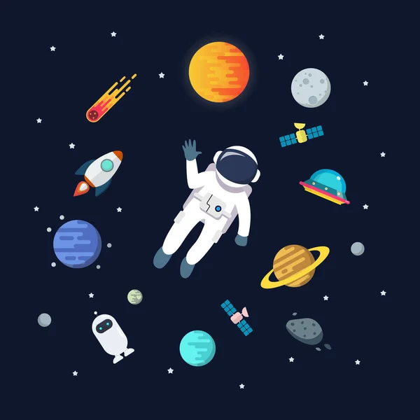 Astronauta Hombre Flotando Espacio Con Los Planetas Fondo Estrellas Planetas — Vector de stock