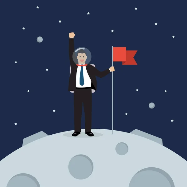 Homme Affaires Astronaute Atterrissage Sur Lune Tenant Drapeau Étoile Planètes — Image vectorielle