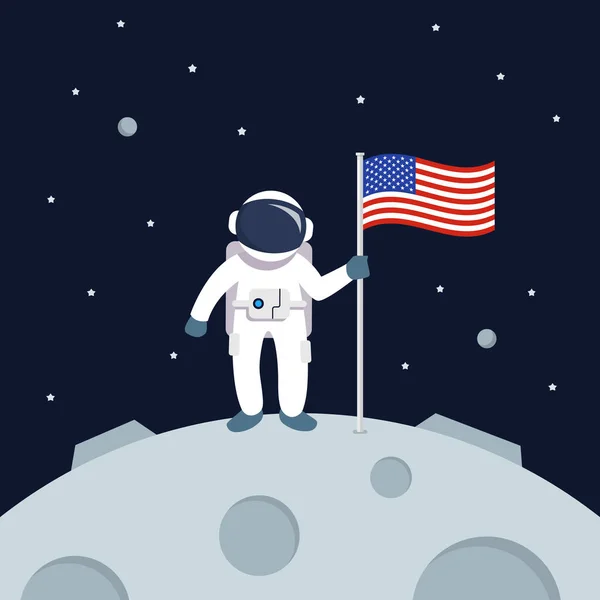 Астронавт Приземляется Луне Американским Флагом Звезды Планеты Фоне Галактики Векторная — стоковый вектор