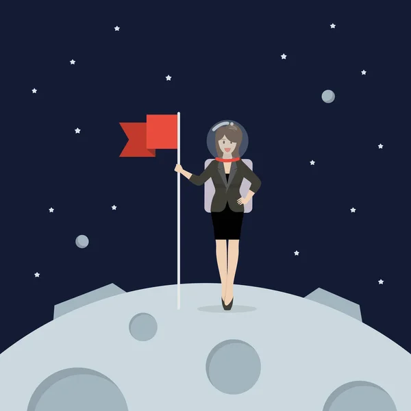 Astronot Perempuan Pendaratan Bulan Memegang Bendera Bintang Dan Planet Latar - Stok Vektor