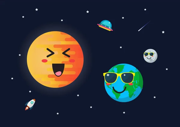 Planeta Ziemia Nosi Okulary Przeciwsłoneczne Przeciwko Charakterowi Słońca Śmieszne Emotikony — Wektor stockowy