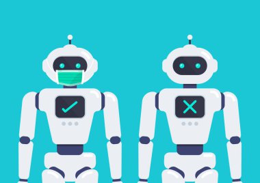 Yüz maskesi olmadan giriş yok. Android Robot, Covid-19 virüsünü önlemek için koruyucu bir maske takıyor. Vektör illüstrasyonu.