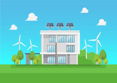 Çevre dostu modern ev. Yeşil enerji güneş ve rüzgar enerjisi. Vektör illüstrasyonu
