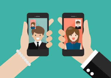 Erkek ve kadın bir video çağrısı konsepti yapar. İş için video çağrısı.