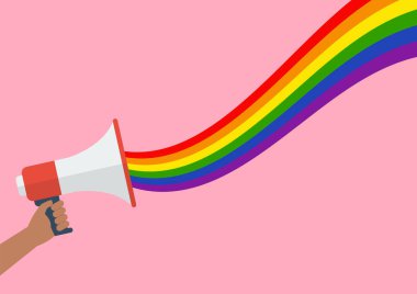 People hold megaphone with lgbt rainbow. Pride month concept. Vector Illustration