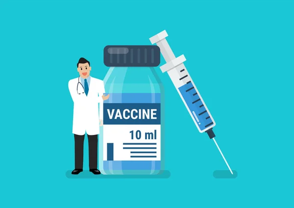 Arzt Präsentiert Medizinischen Ampullenimpfstoff Und Spritze Covid Coronavirus Konzept Vektorillustration — Stockvektor