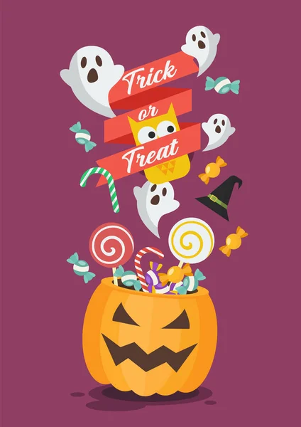 Cesta Calabaza Halloween Trick Treat Poster Ilustración Vector Estilo Plano — Vector de stock