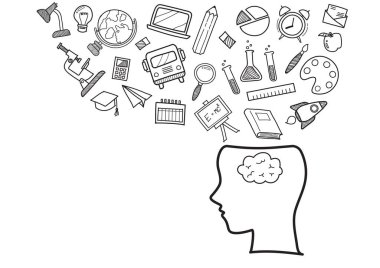 Eğitim simgeleriyle insan kafası. El çizimi ögeler tasarım biçimi