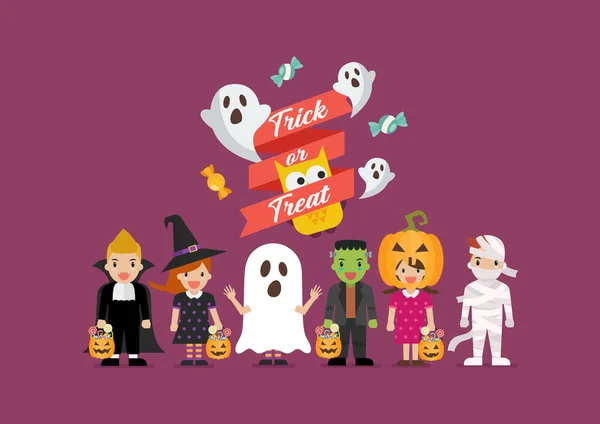 Crianças Festa Halloween Fantasias Diferentes Assustadoras Coleção Crianças Desenhos Animados —  Vetores de Stock