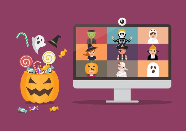 Halloween Party Video Konference Displeji Počítače Děti Hororových Kostýmech Obrazovce — Stockový vektor