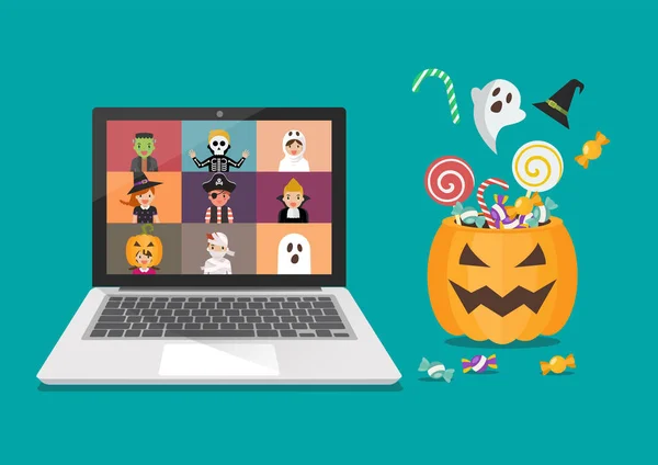 Online Halloween Party Concept Děti Hororových Kostýmech Obrazovce Notebooku Vektorová — Stockový vektor