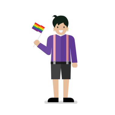 LGBT gökkuşağı bayrağı taşıyan gençler. Vektör illüstrasyonu