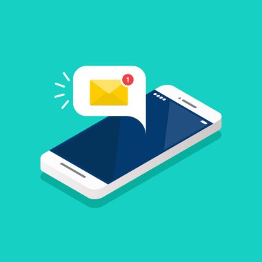 Akıllı telefon ekranındaki izometrik e-posta bildirimi. Vektör illüstrasyonu