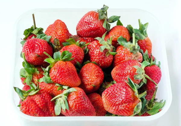 Fresh red strawberries in food storage container — Stock Photo, Image