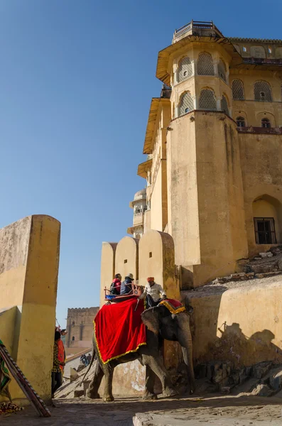 Jaipur, India - 29 Desember 2014: Gajah yang didekorasi dibawa ke Amber Fort — Stok Foto