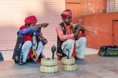 Jaipur, Hindistan - 29 Aralık 2014: yılan oynatan kimse rüzgarlar Sarayı önünde kobra için flüt çalıyor