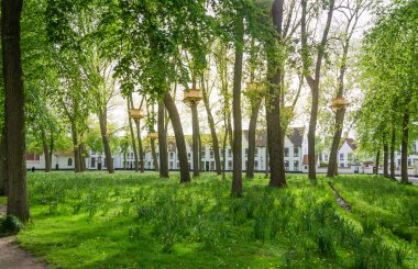 Bruges Beguinage bahçesinde ağaç evler