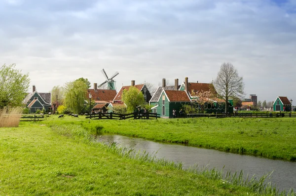 Větrný mlýn a venkovské domy v Zaanse Schans — Stock fotografie