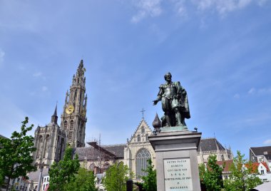 Statue of Rubens with Cathedral of Our Lady in Antwerp, Belgium.