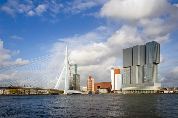 Erasmus Bridge Rotterdam gökdelen ile — Stok fotoğraf