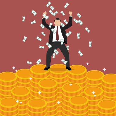 Businessman celebrates on money staircase