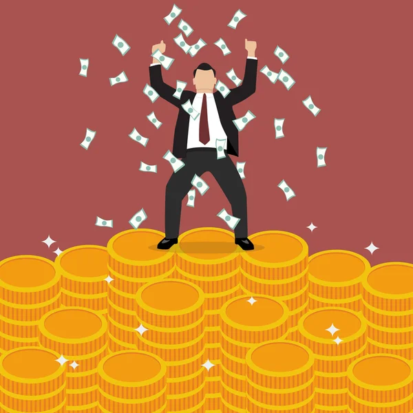 Businessman celebrates on money staircase — Stockvector