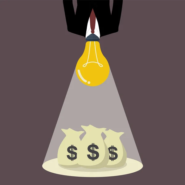 Empresário com um brilho de cabeça lâmpada para os sacos de dinheiro —  Vetores de Stock
