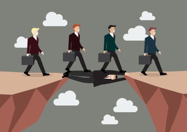 Businessman is laying down across the cliff 