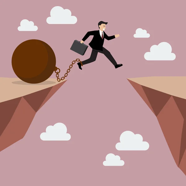 Businessman jumps the abyss with the weight — Stockvector