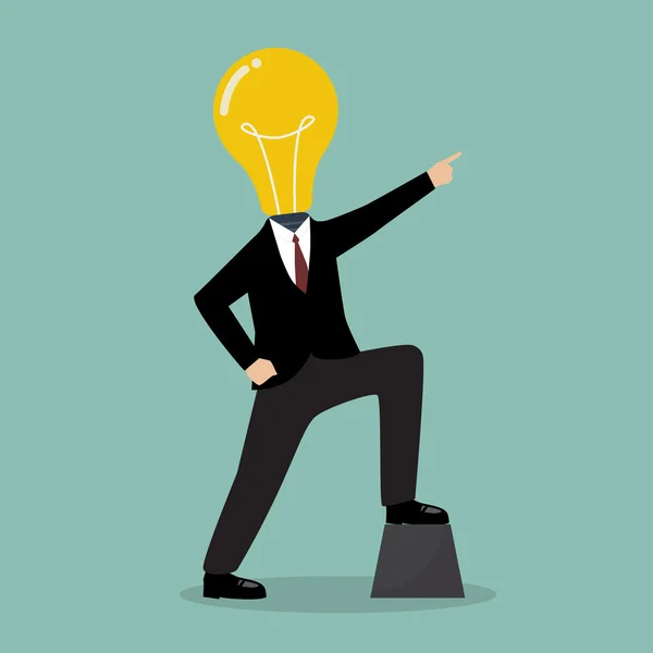 Businessman with a light bulb head pointing up — Stockvector