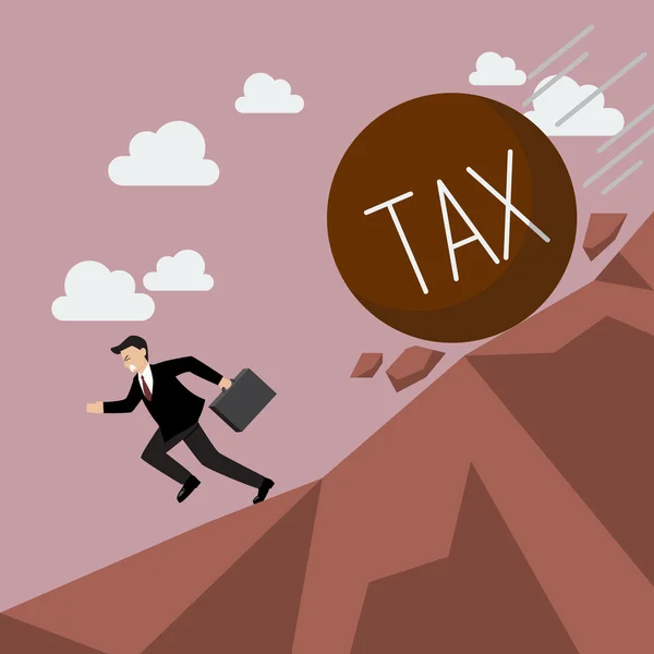 Businessman running away from heavy tax that is rolling down to — Stock Vector