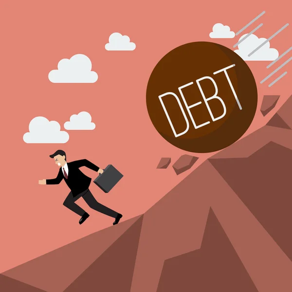 Üzletember fut el nehéz adósság, hogy a gördülő le — Stock Vector