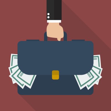 Businessman hand holding briefcase full of money clipart