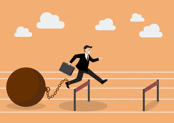 Businessman jumping over hurdle with the weight — Stock Vector