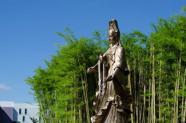 Guan Yin, armon jumalatar, taustalla bambu puutarha — kuvapankkivalokuva