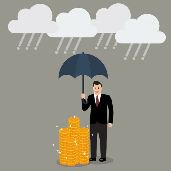 Бизнесмен с зонтиком защищает свои деньги от финансового кризиса — стоковый вектор