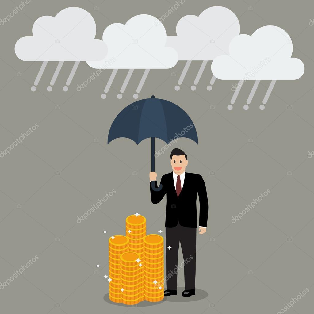 Businessman with umbrella protecting his money from financial cr