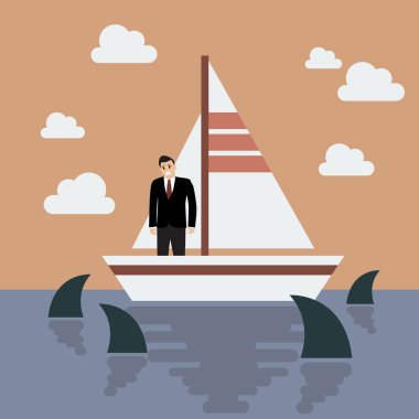 Businessman on small boat with shark in the sea clipart