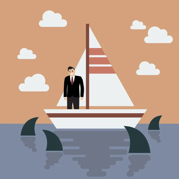 Uomo d'affari su piccola barca con squalo in mare — Vettoriale Stock