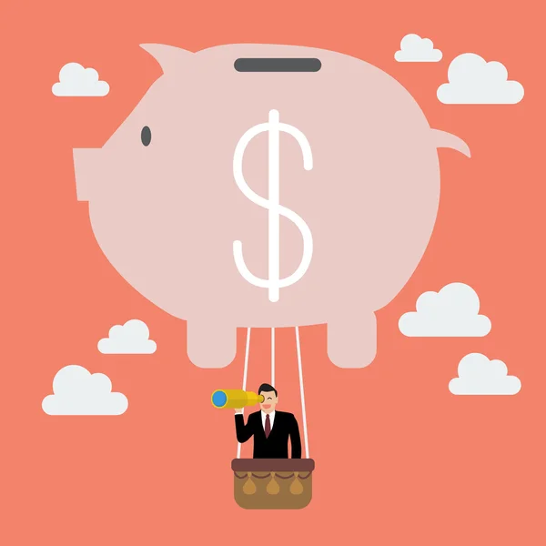 Piggy bank léggömb keresés sikeres üzletember — Stock Vector