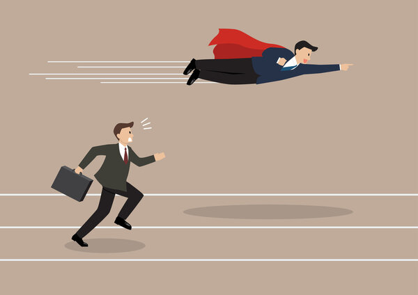 Businessman superhero fly pass his competitor