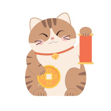 Kahverengi şirin maneki neko kedisi. Japon dilek bebeği. Vektör illüstrasyonu