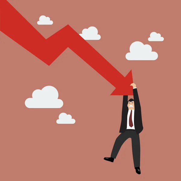 Empresario tratar de mantener en caída gráfico hacia abajo — Vector de stock