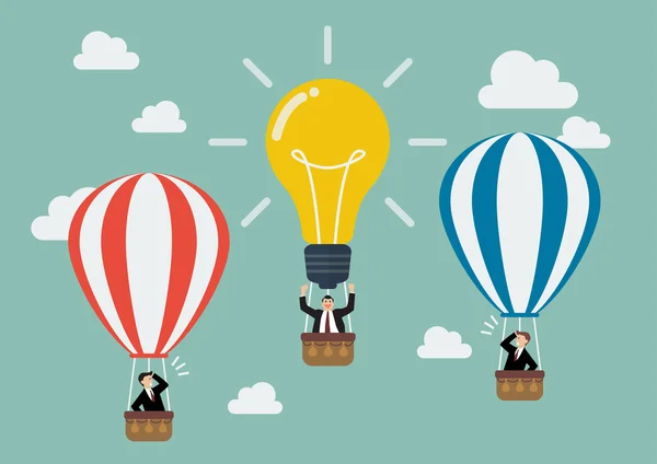 Businessman in lightbulb balloon fly pass his competitor — Stockvector