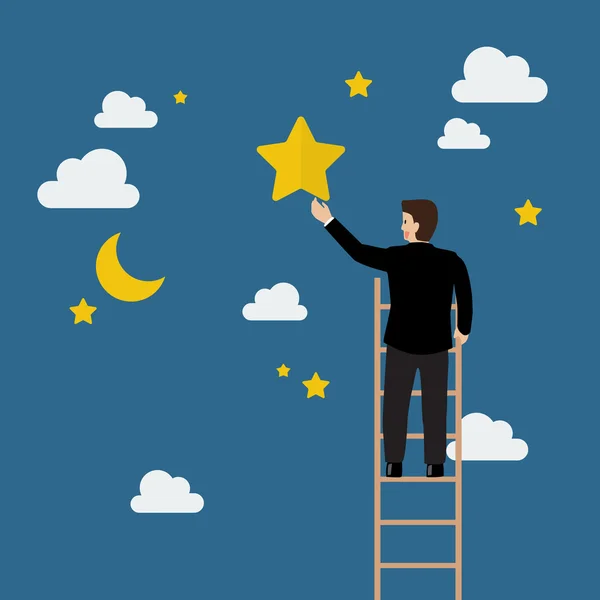 Businessman on the ladder trying to catch the star — Stok Vektör